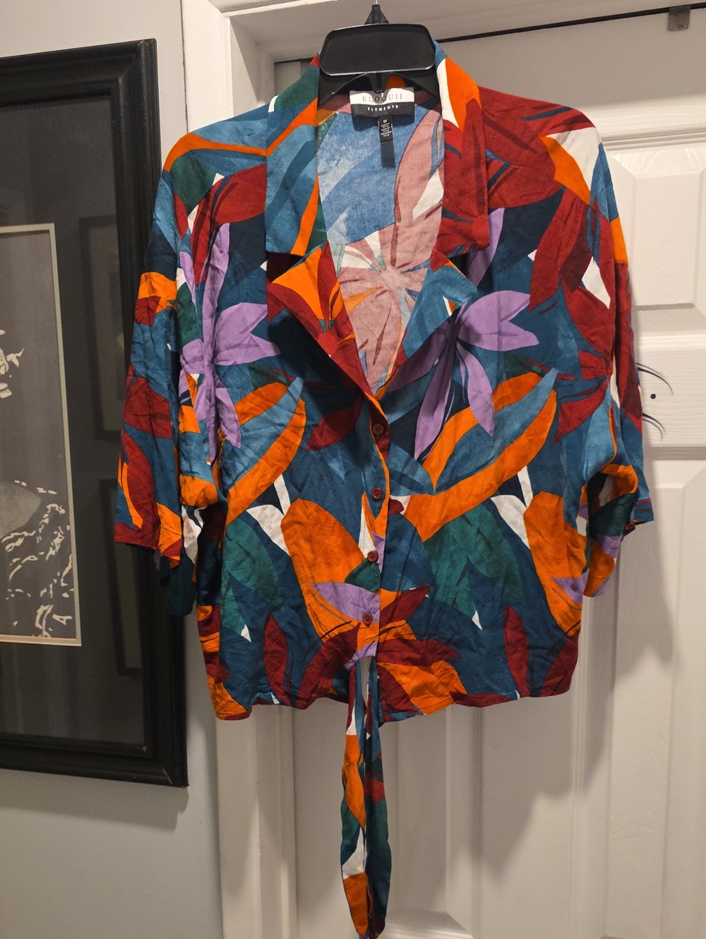 Eloquii Multicolor Tropical Leaf Button-Front Crop Shirt